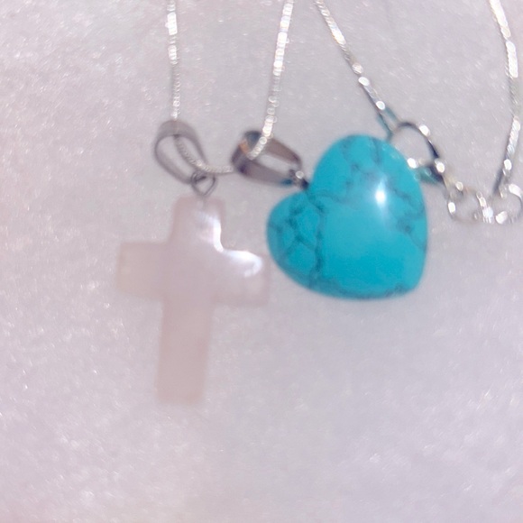 Boho hippie Rose Quartz Crystal Cross & Turquoise heart Sterling Silver 16” N… - Picture 3 of 6